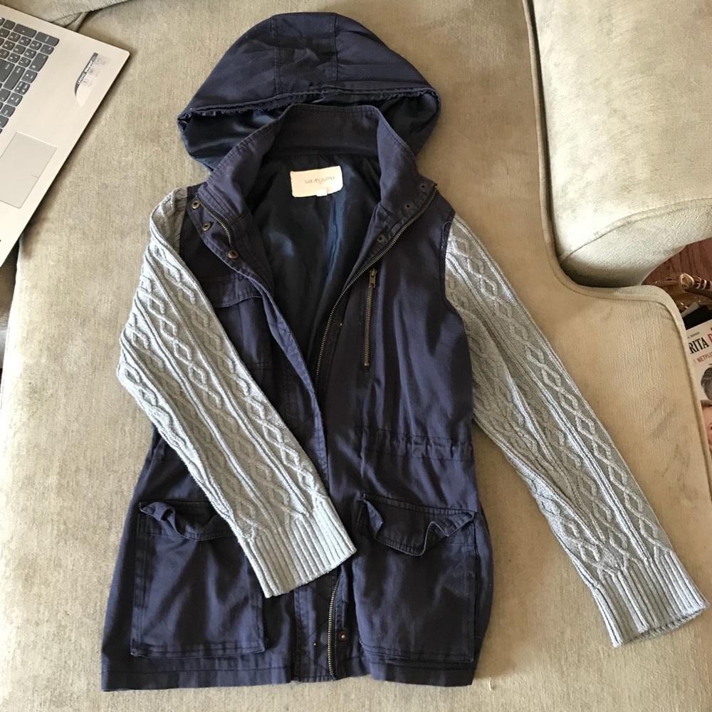 Navy blue THREAD & SUPPLY jacket with knit sleeves